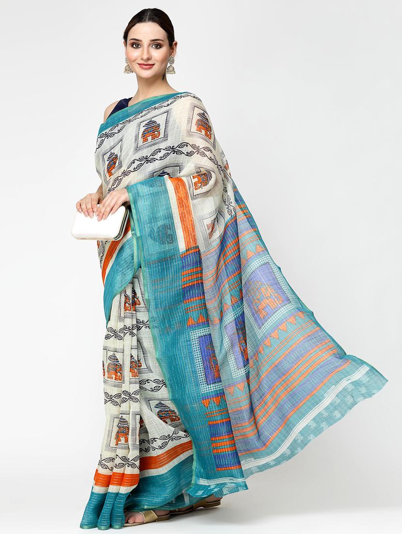 women turquoise printed bordered saree with blouse - 21720178 - Standard Image - 1