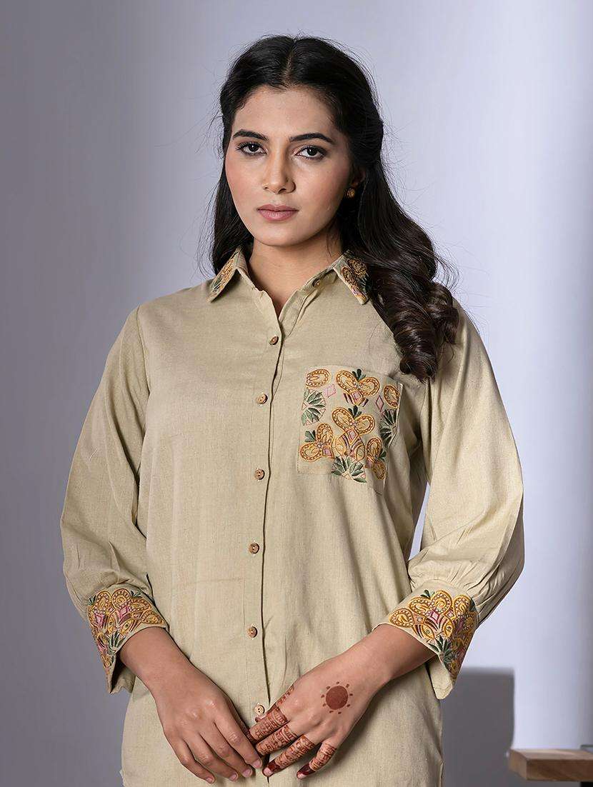 women embroidered shirt collar neck co-ord sets - 21720297 -  Standard Image - 1