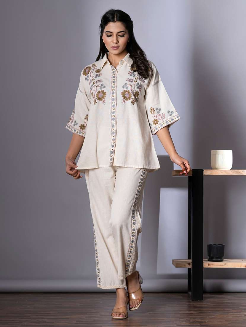 women embroidered shirt collar neck co-ord sets