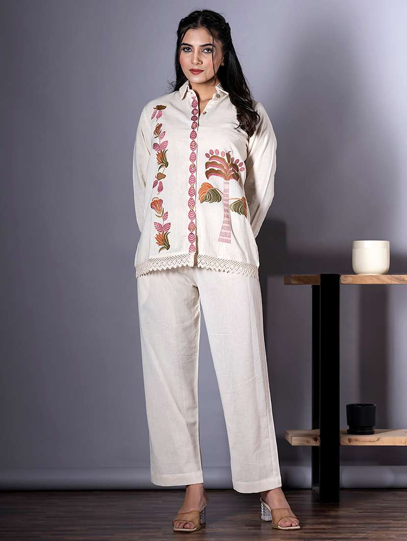women embroidered shirt collar neck co-ord sets