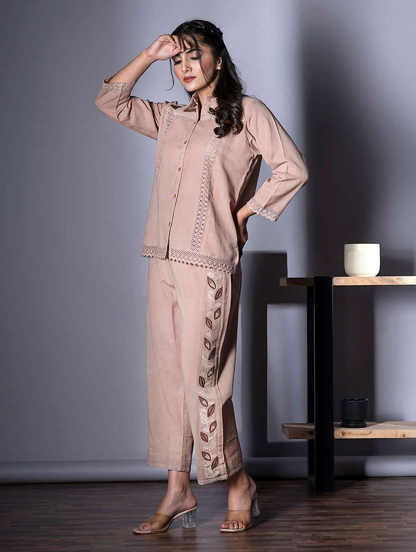 women embroidered shirt collar neck co-ord sets - 21720302 - Standard Image - 1