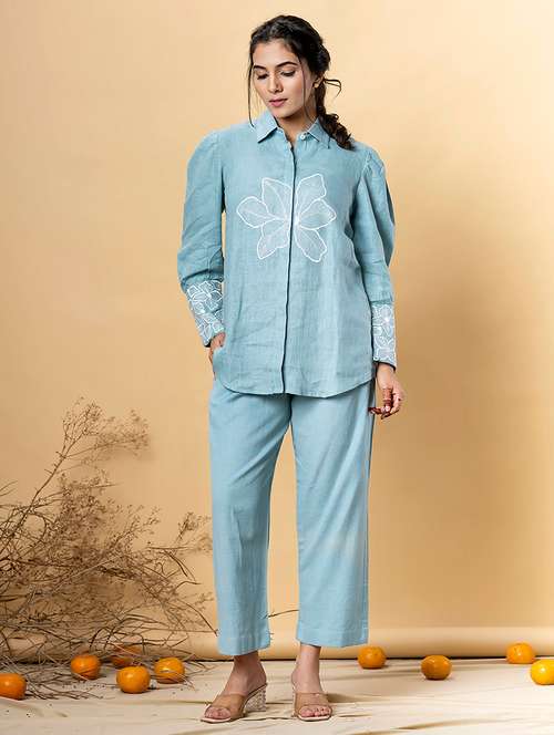 women embroidered shirt collar neck co-ord sets - 21720304 -  Standard Image - 0