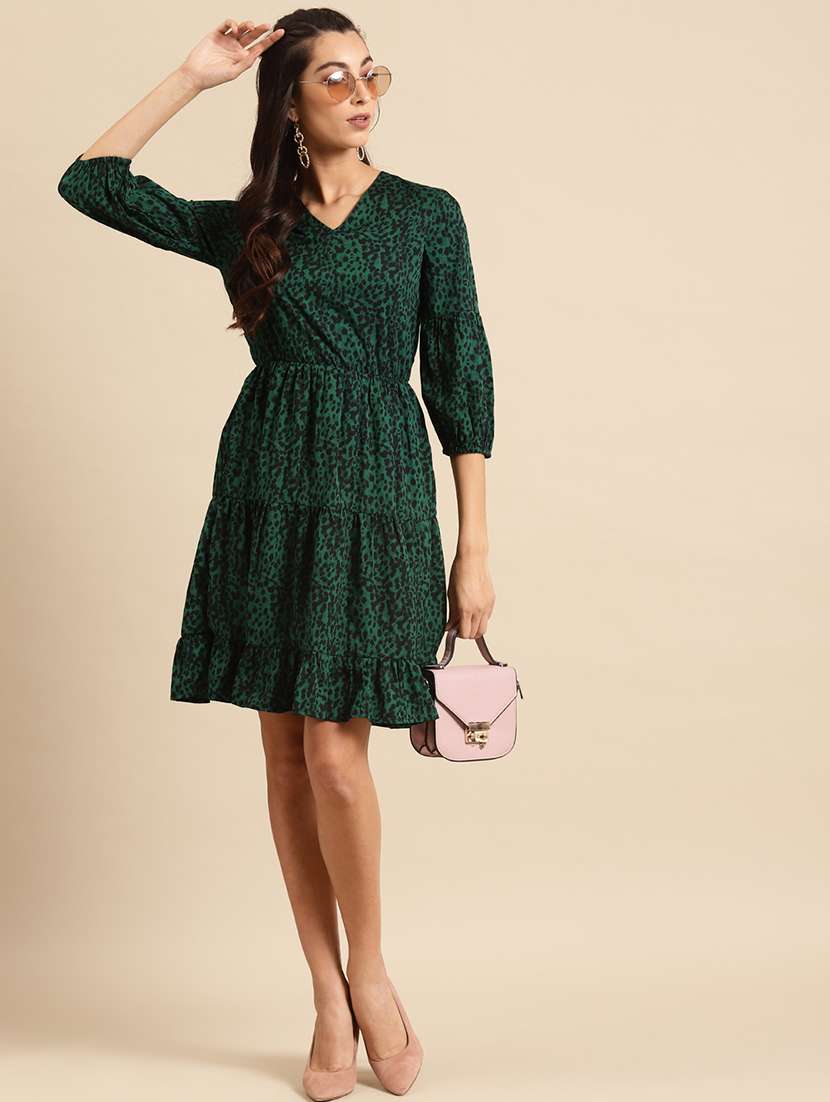 women printed puff sleeves tiered dress