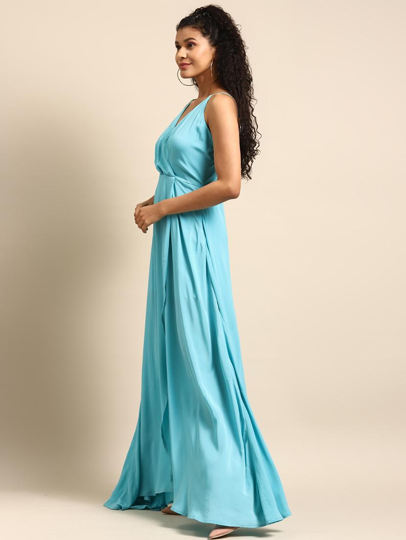 women solid shoulder strap high slit dress - 21720334 - Standard Image - 1