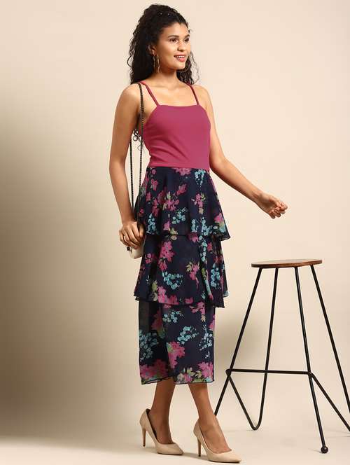 women floral print shoulder trap layered dress - 21720337 -  Standard Image - 0
