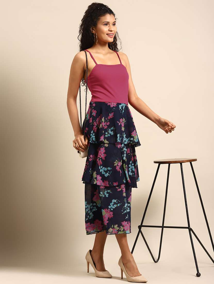 women floral print shoulder trap layered dress - 21720337 -  Zoom Image - 0