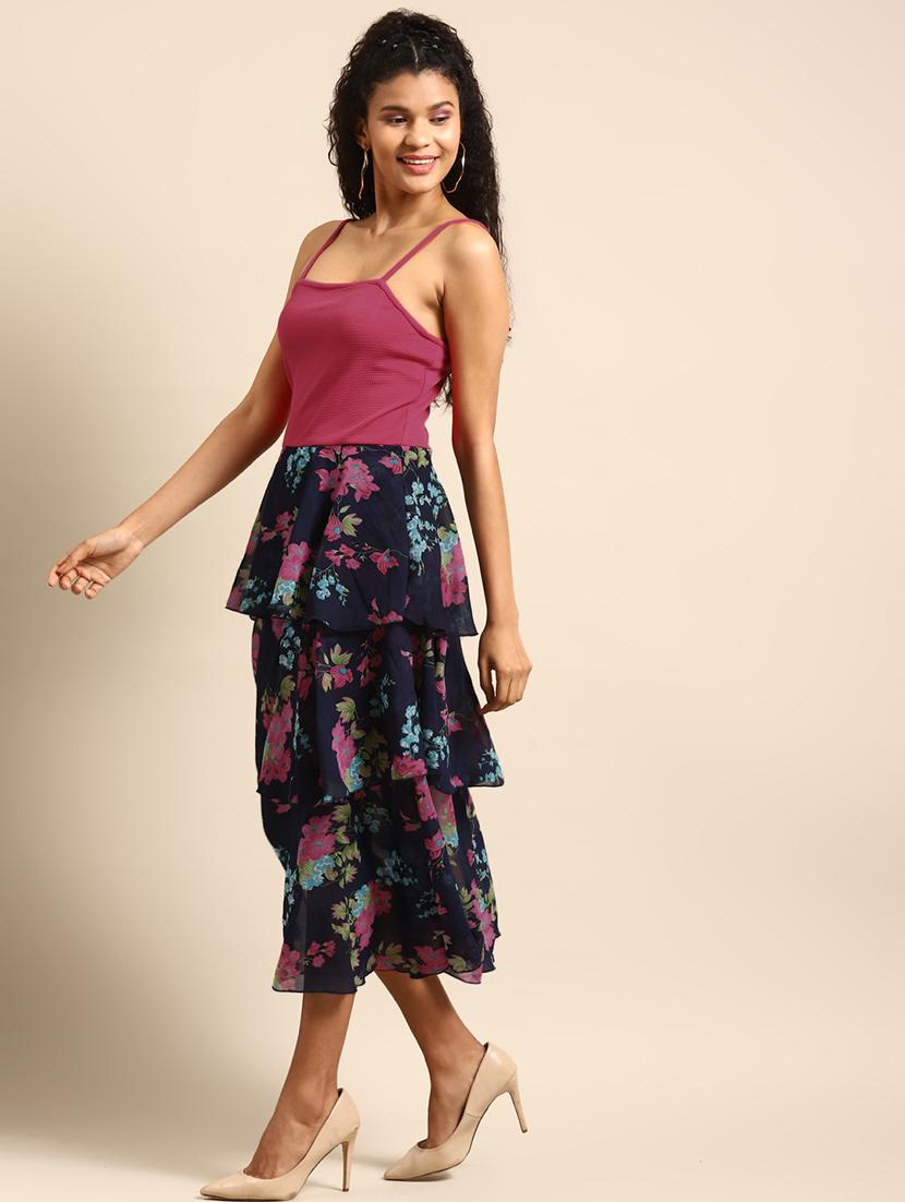 women floral print shoulder trap layered dress - 21720337 - Standard Image - 1