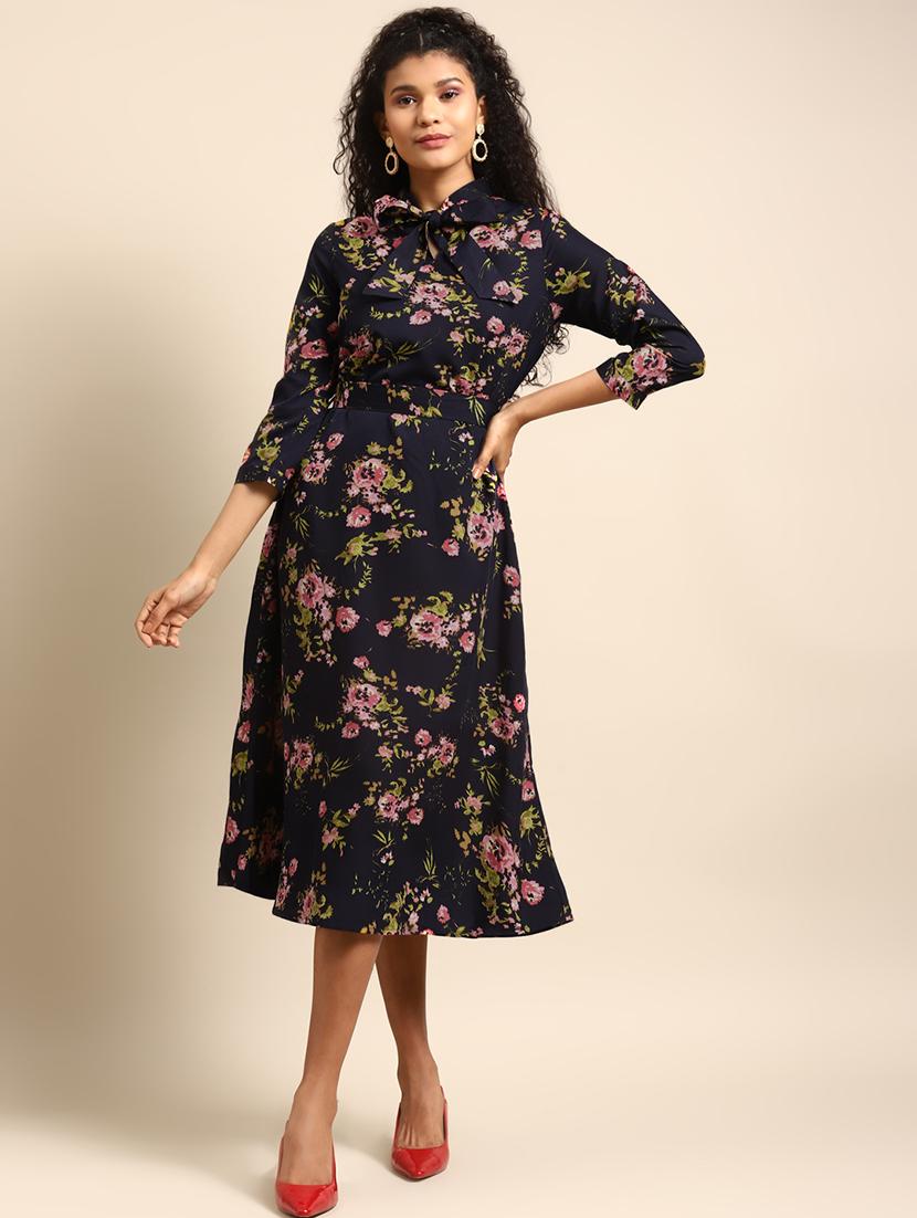 women floral print tie up neck a-line dress - 21720338 -  Standard Image - 1