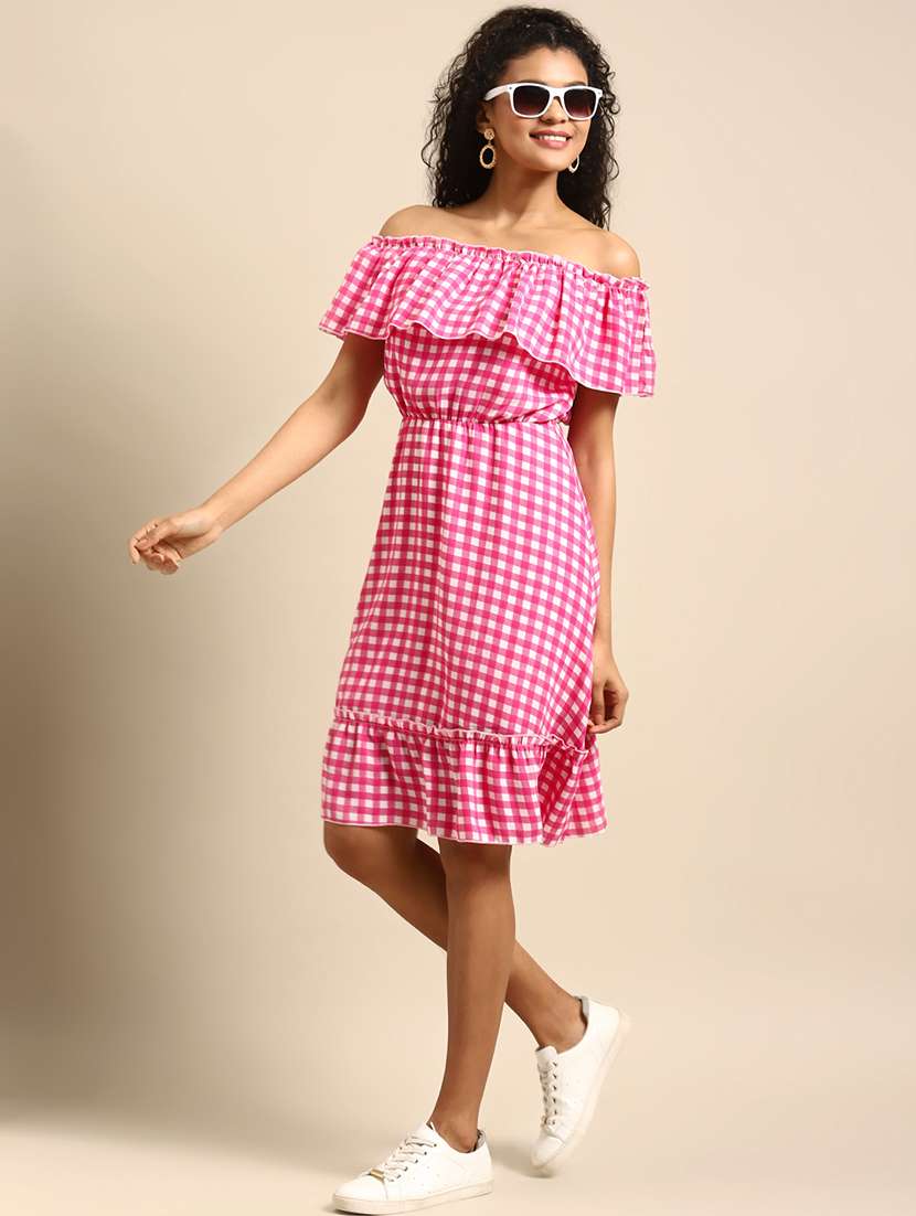 women checkered off shoulder tiered dress
