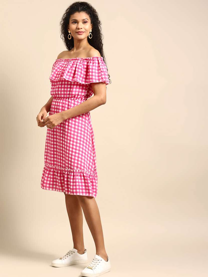 women checkered off shoulder tiered dress - 21720341 - Standard Image - 1
