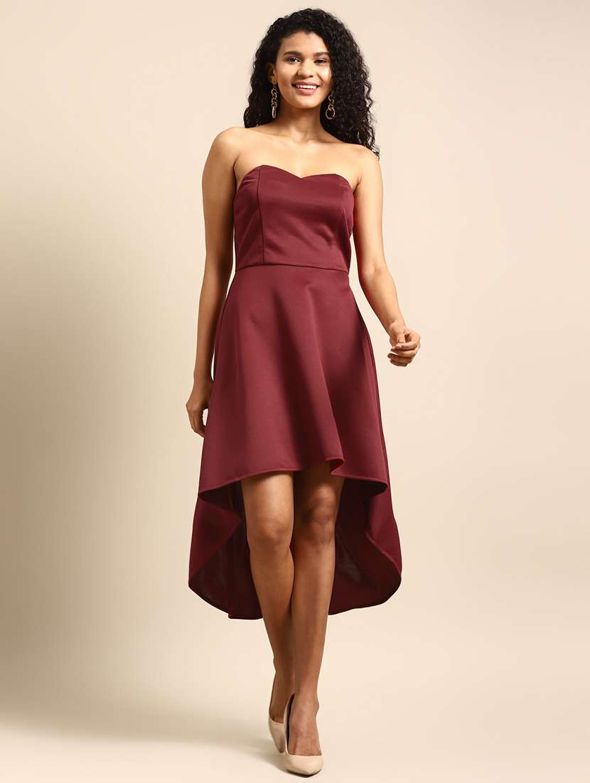 women solid high low tube dress