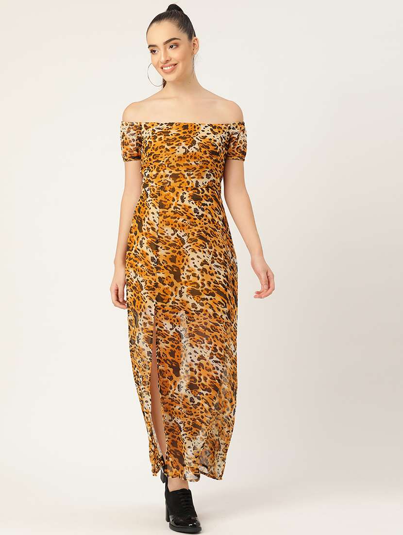 women animal print off shoulder a-line dress