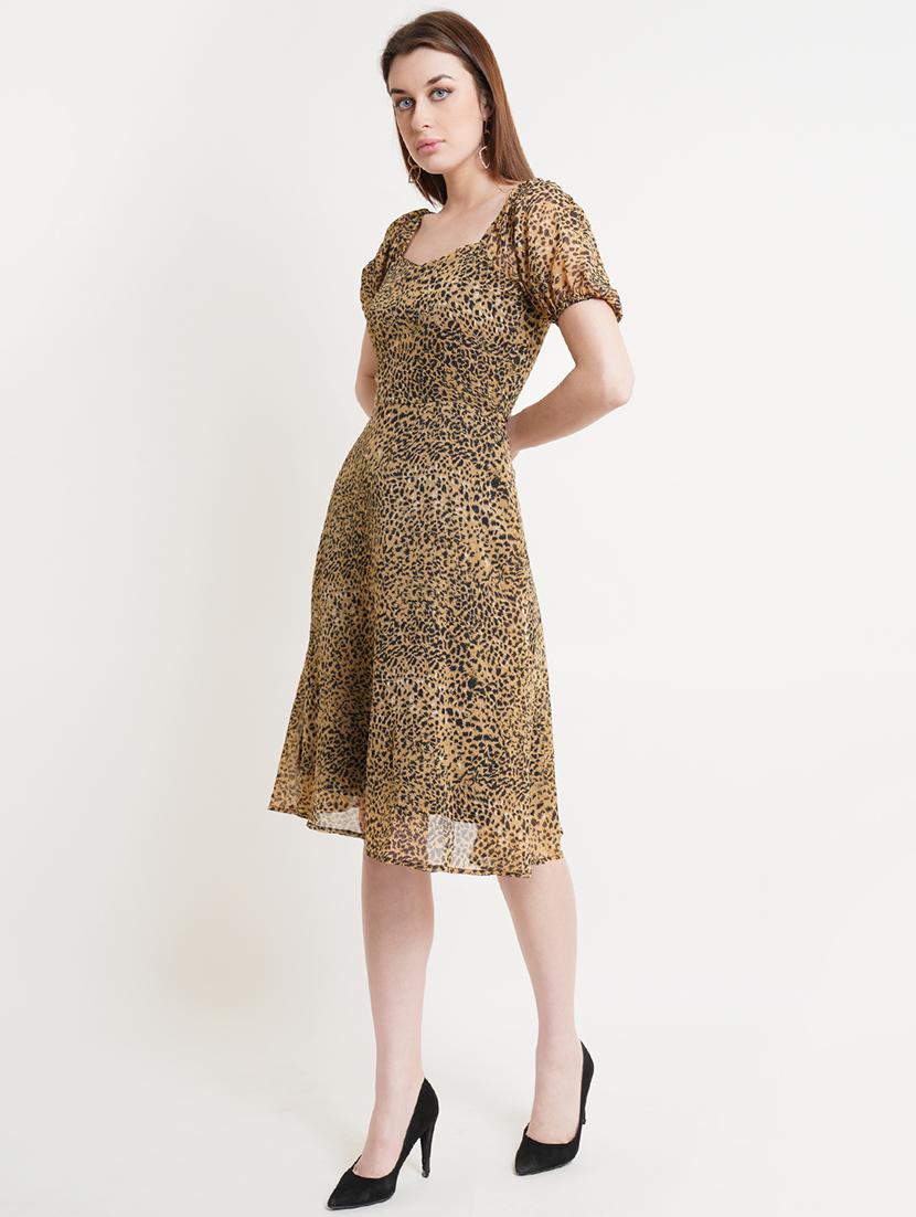 women animal print puff sleeves fit & flare dress - 21720355 - Standard Image - 1