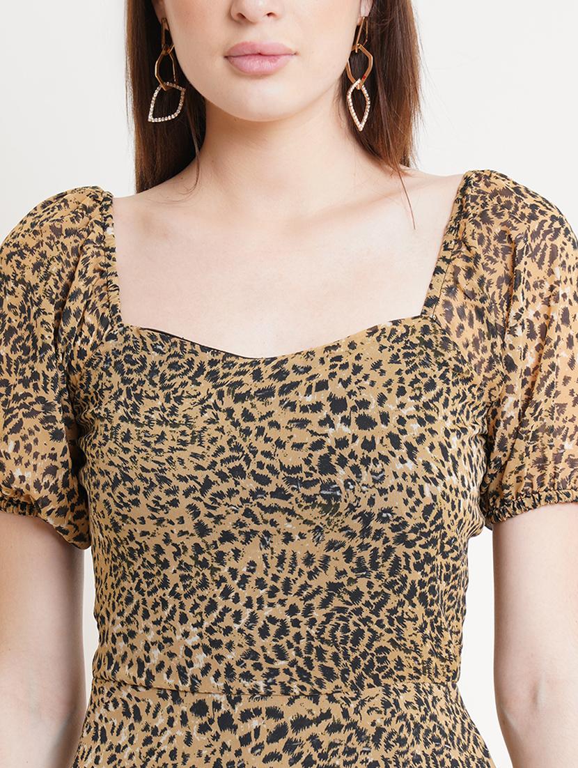 women animal print puff sleeves fit & flare dress - 21720355 - Standard Image - 4