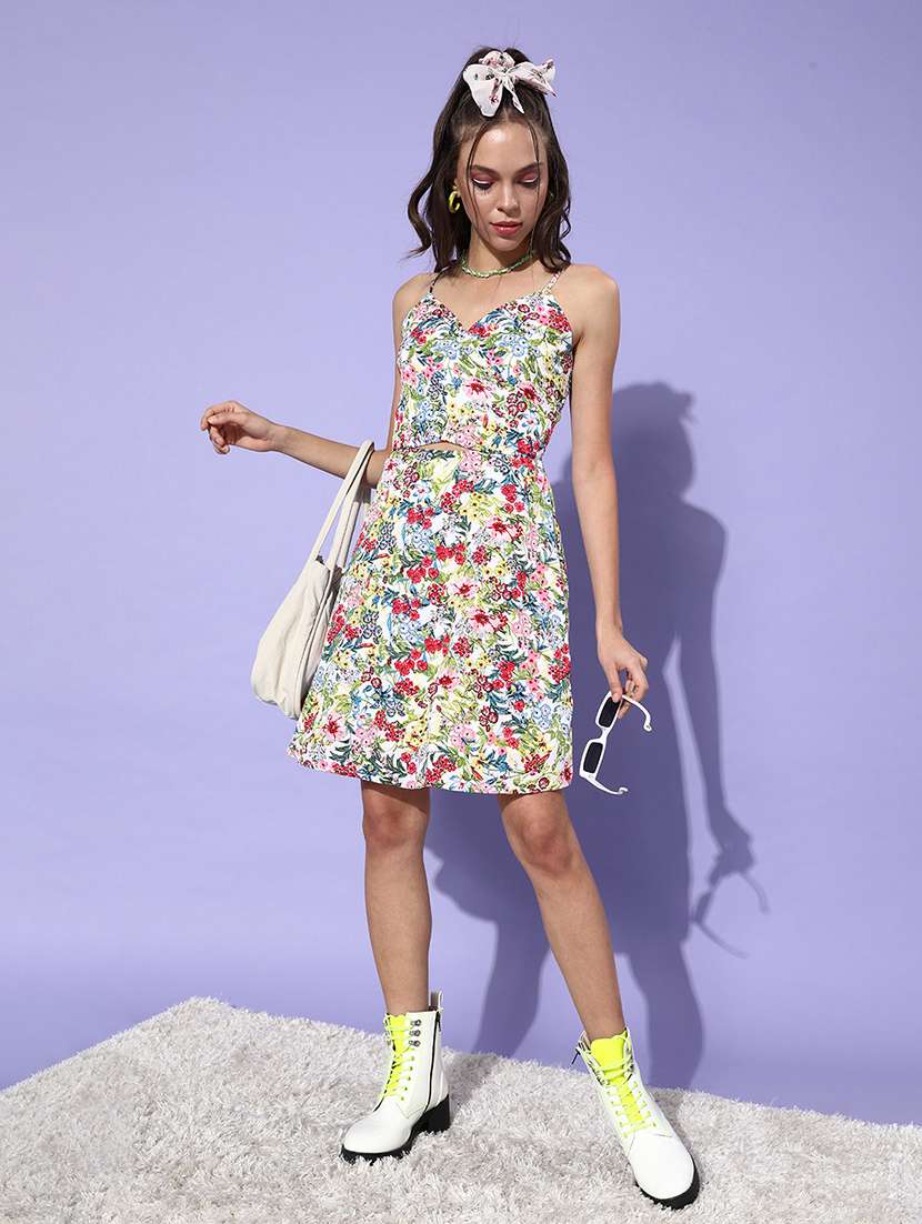 women floral print shoulder strap a-line dress