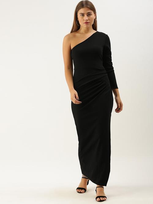 women single shoulder solid high slit dress - 21720390 - Standard Image - 0