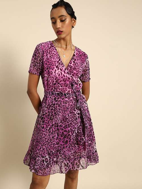 women overlap neck animal printed wrap dress - 21720397 -  Standard Image - 0