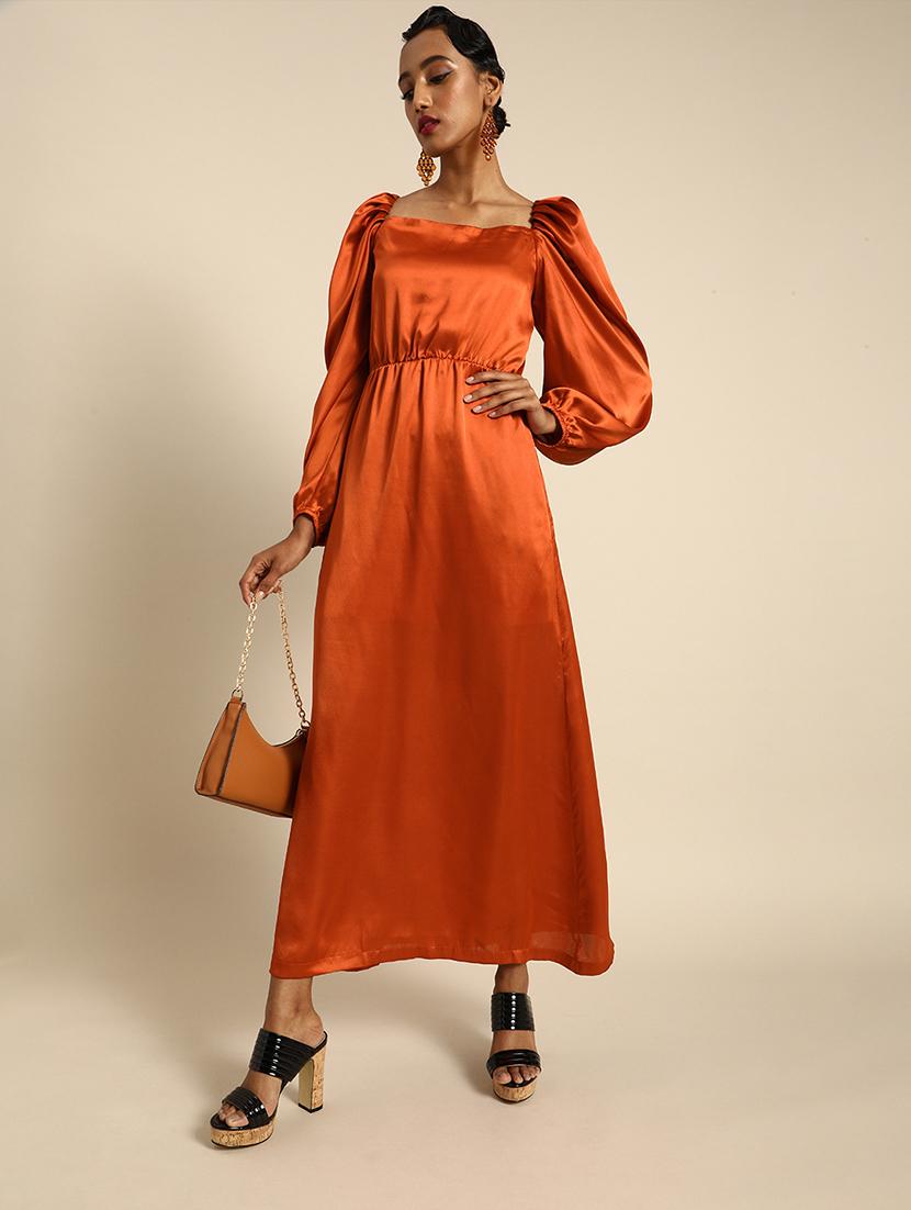 women puff sleeves solid a-line dress - 21720404 -  Zoom Image - 0