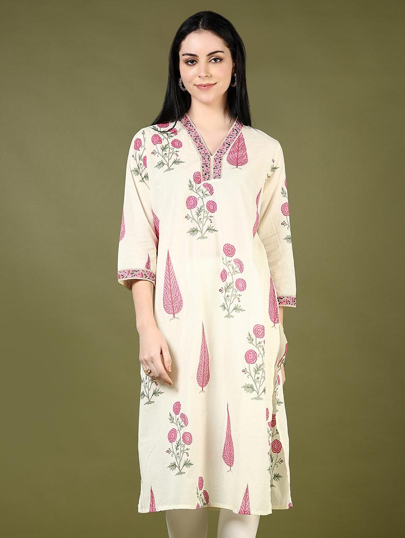 women floral printed three quarter sleeve straight kurta - 21720459 - Zoom Image - 0