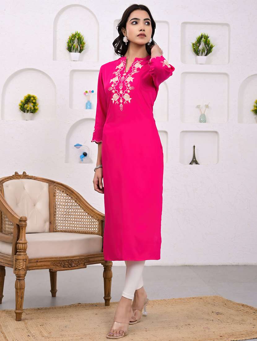 women embroidered three quarter sleeve straight kurta - 21720804 -  Standard Image - 1