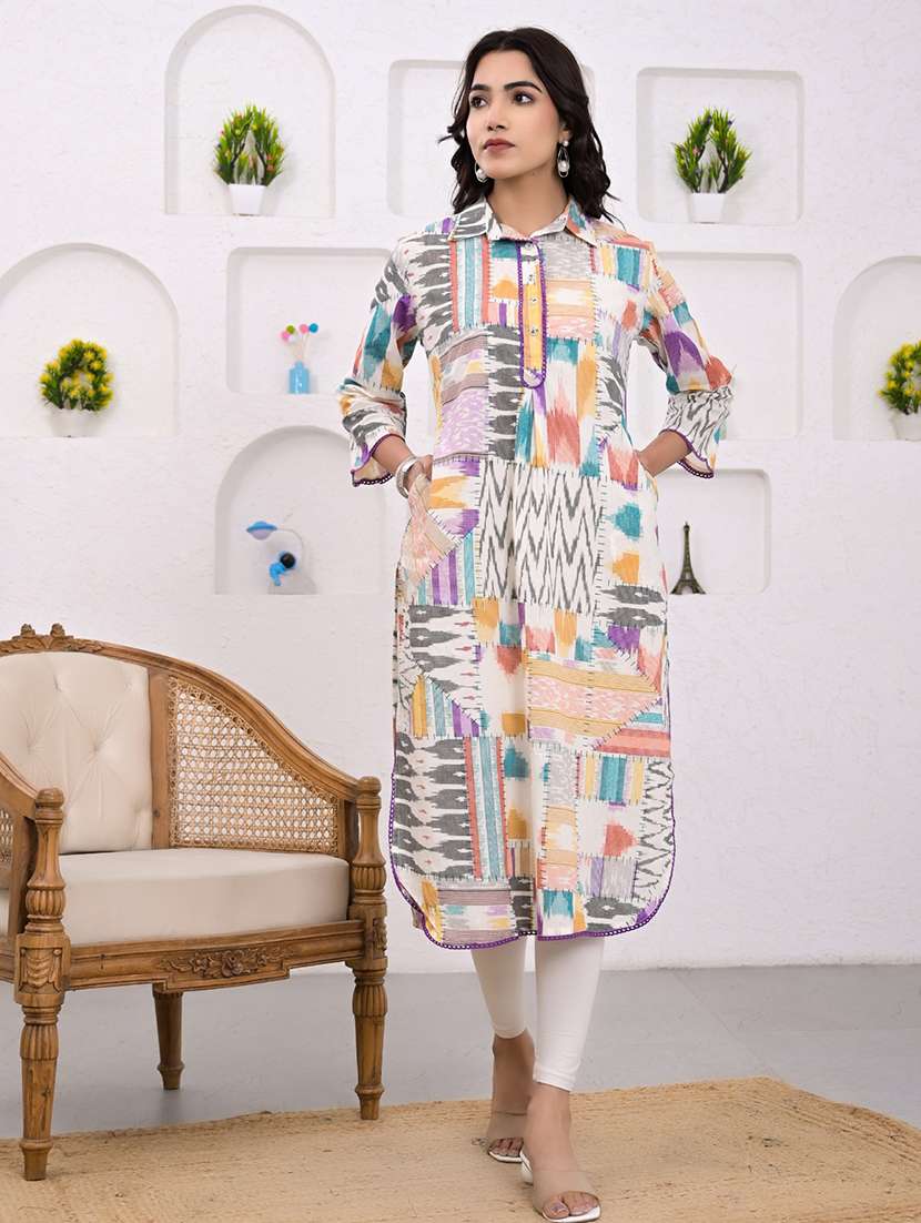 women printed three quarter sleeve straight kurta - 21720806 -  Standard Image - 1