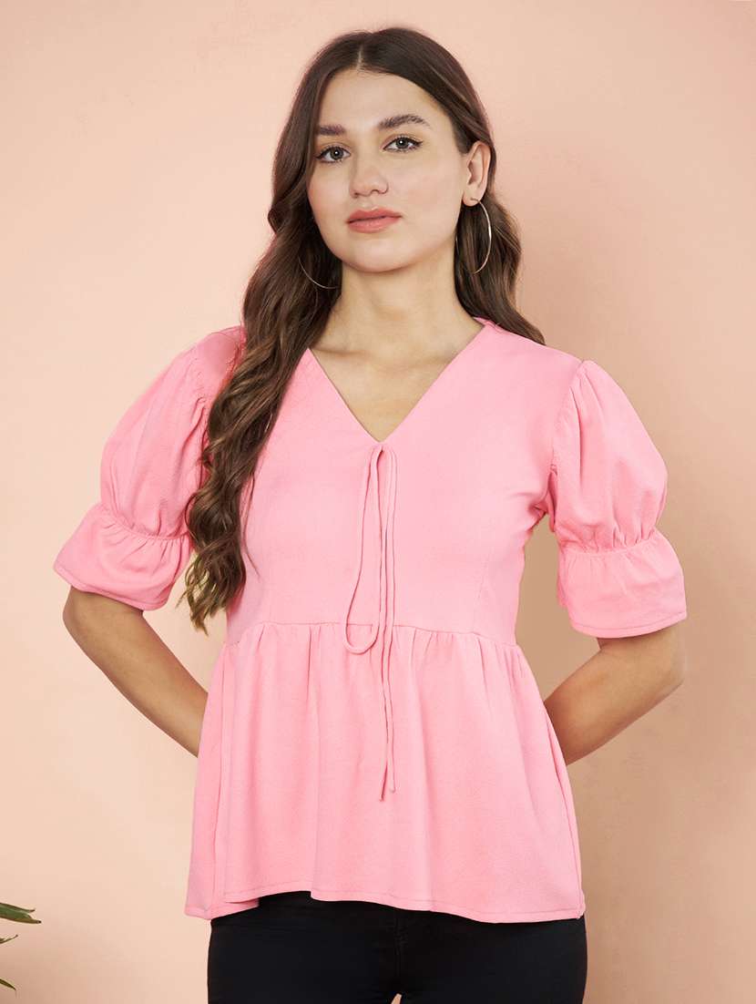 women solid puff sleeves flared top
