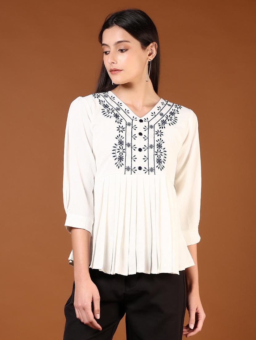 women white embroidered puff sleeve flared top - 21721042 -  Standard Image - 1