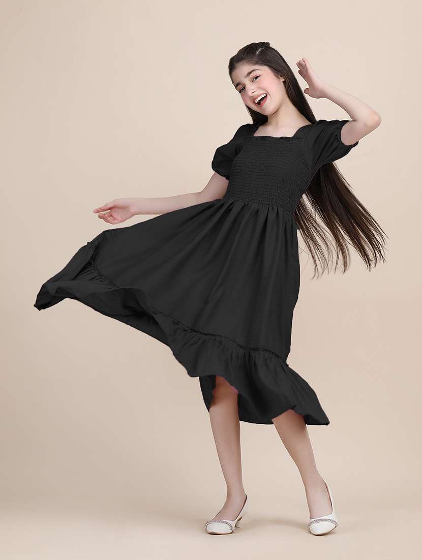 women solid puff sleeves tiered dress - 21721197 - Standard Image - 1