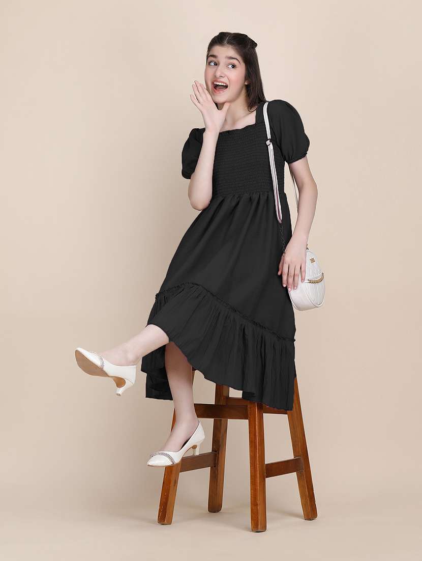 women solid puff sleeves tiered dress - 21721197 - Standard Image - 4