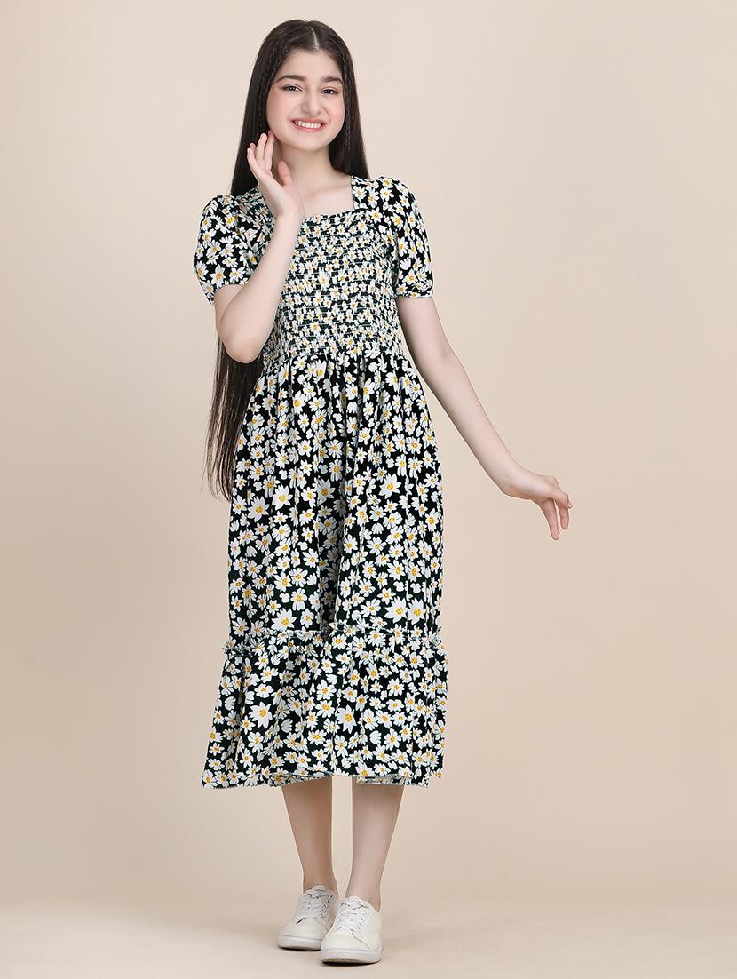 women printed puff sleeves tiered dress - 21721226 - Standard Image - 1