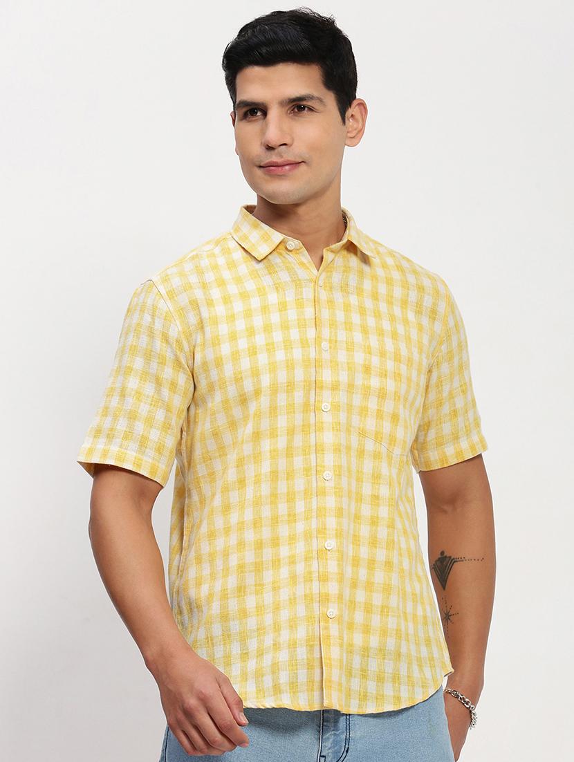 men short sleeves checkered casual shirt