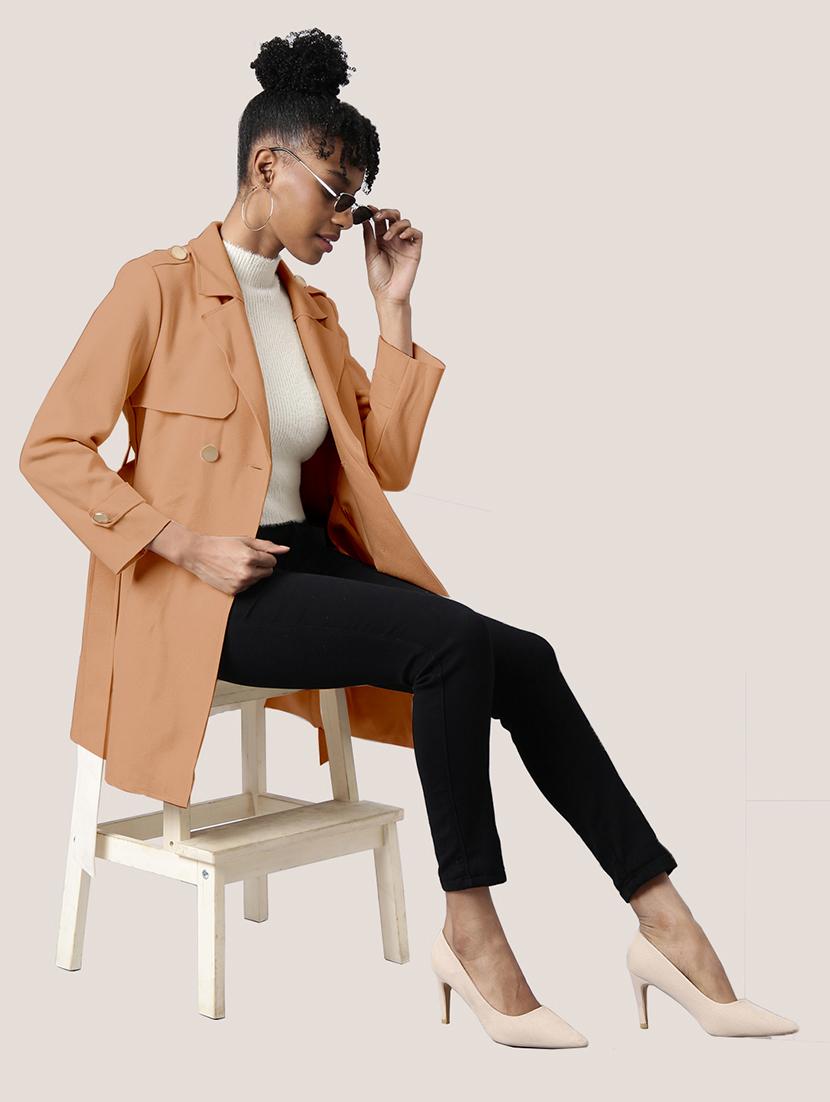 women brown solid full sleeve overcoat - 21721649 -  Standard Image - 1