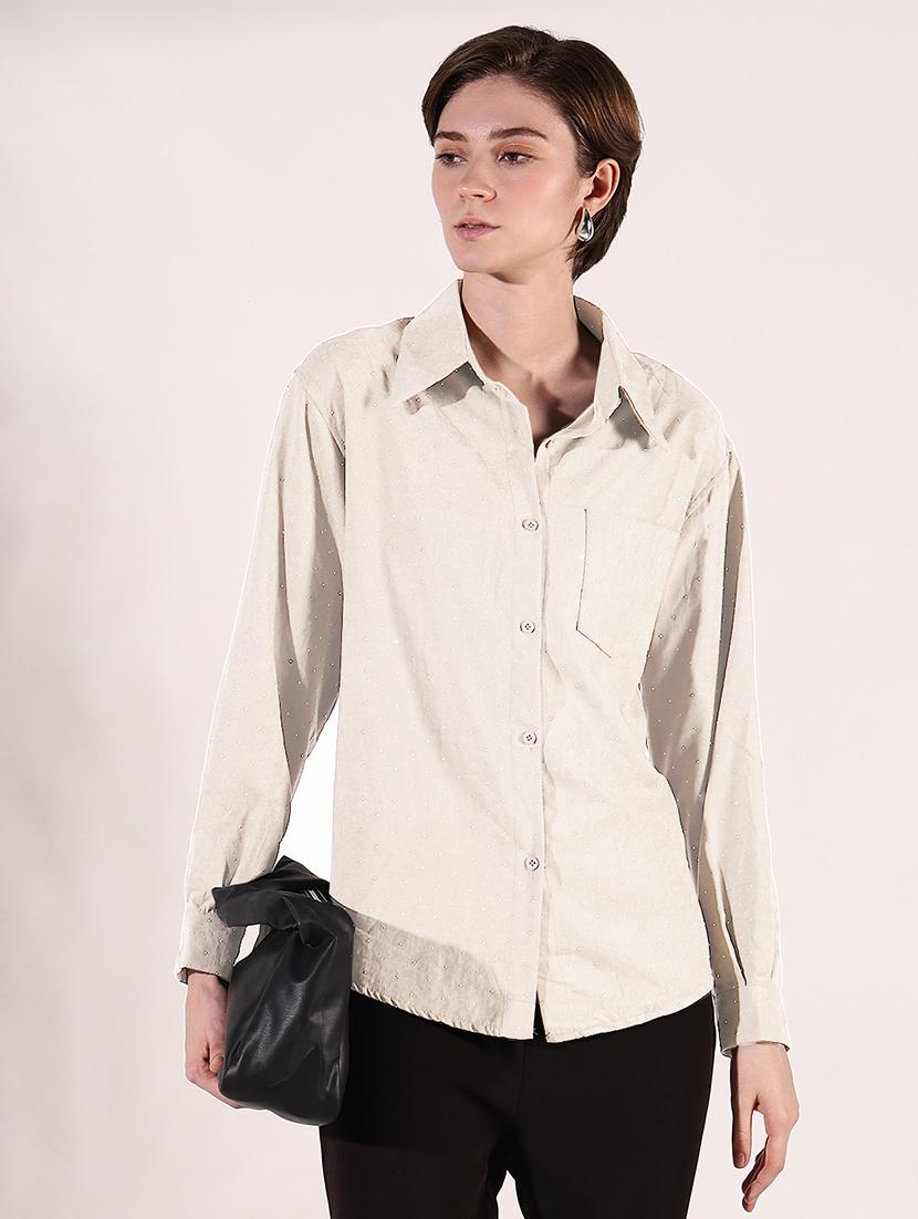 women beige solid with work long sleeve shirt - 21721655 - Standard Image - 1