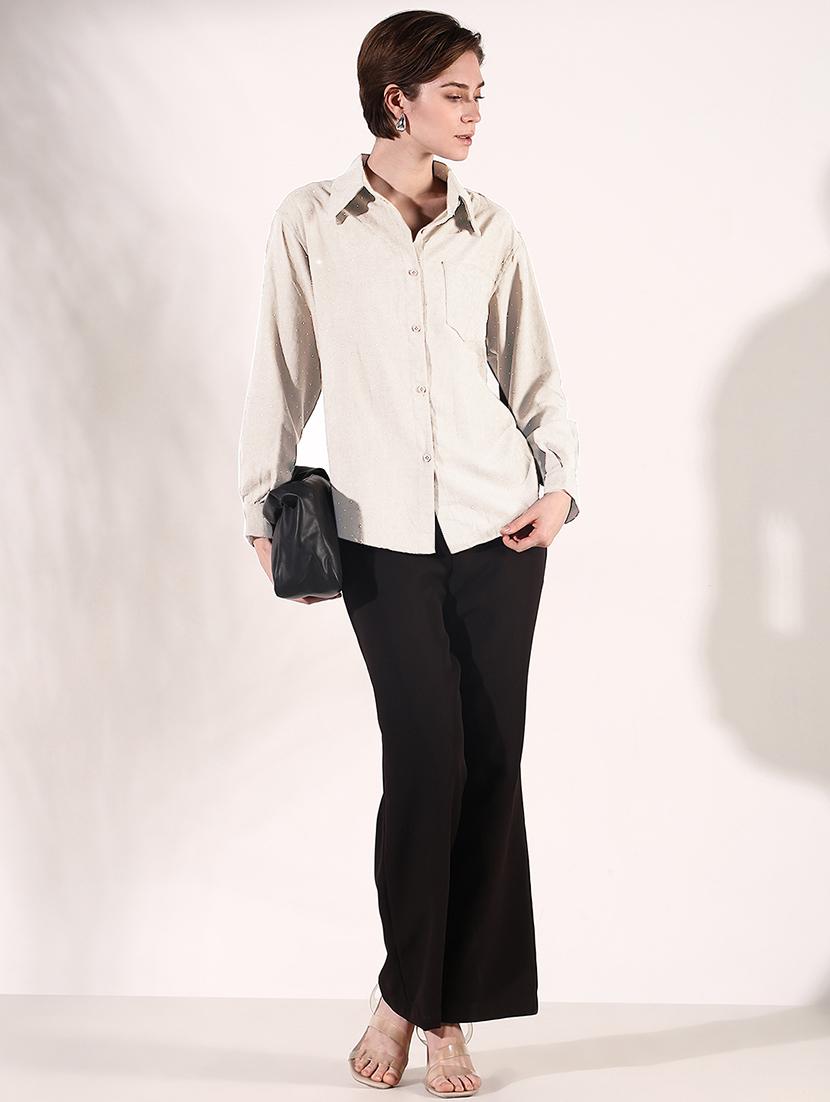 women beige solid with work long sleeve shirt - 21721655 - Standard Image - 4