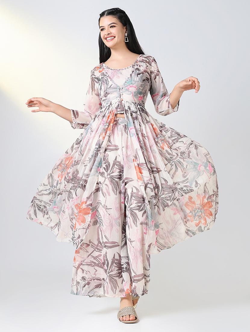 women beige floral printed round neck fusion set - 21721656 - Standard Image - 4