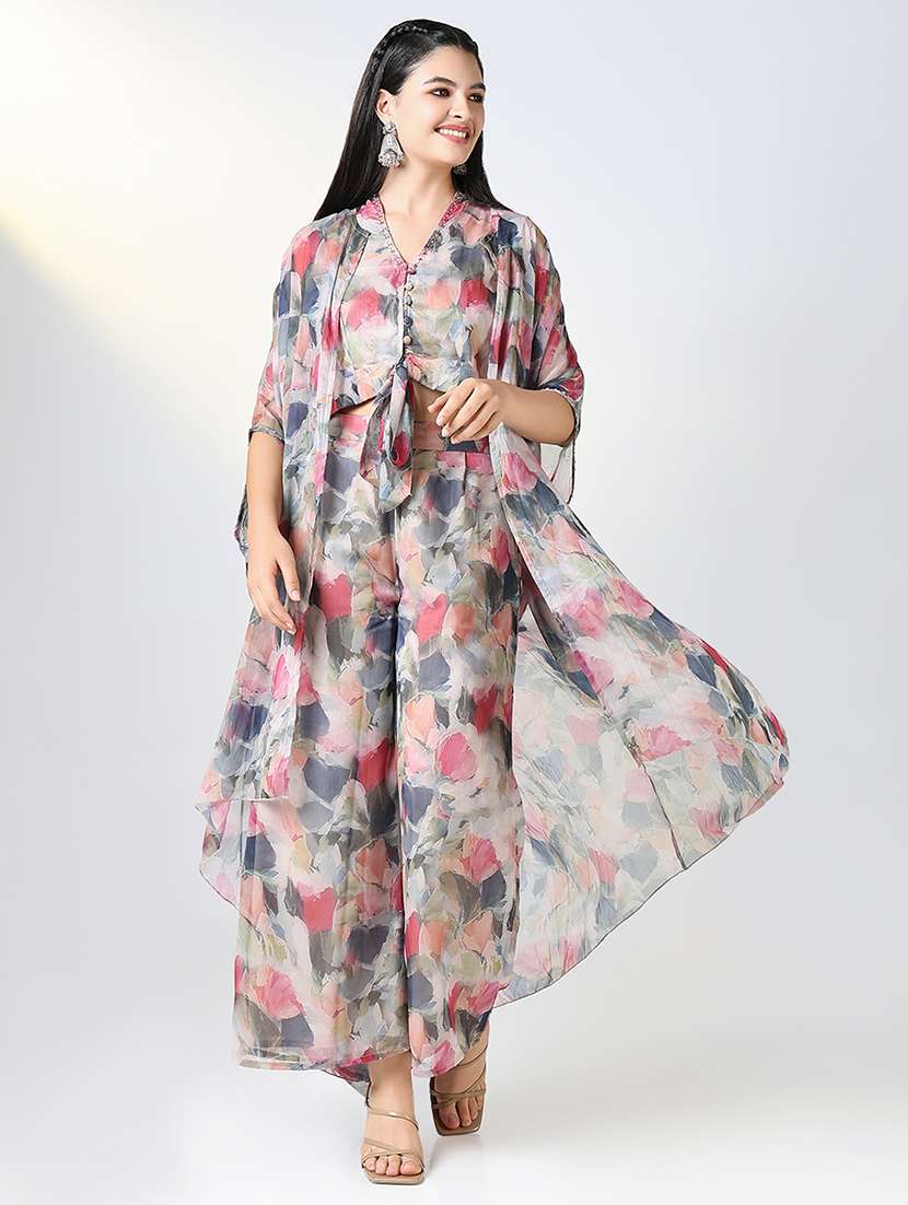 women grey printed v neck fusion set