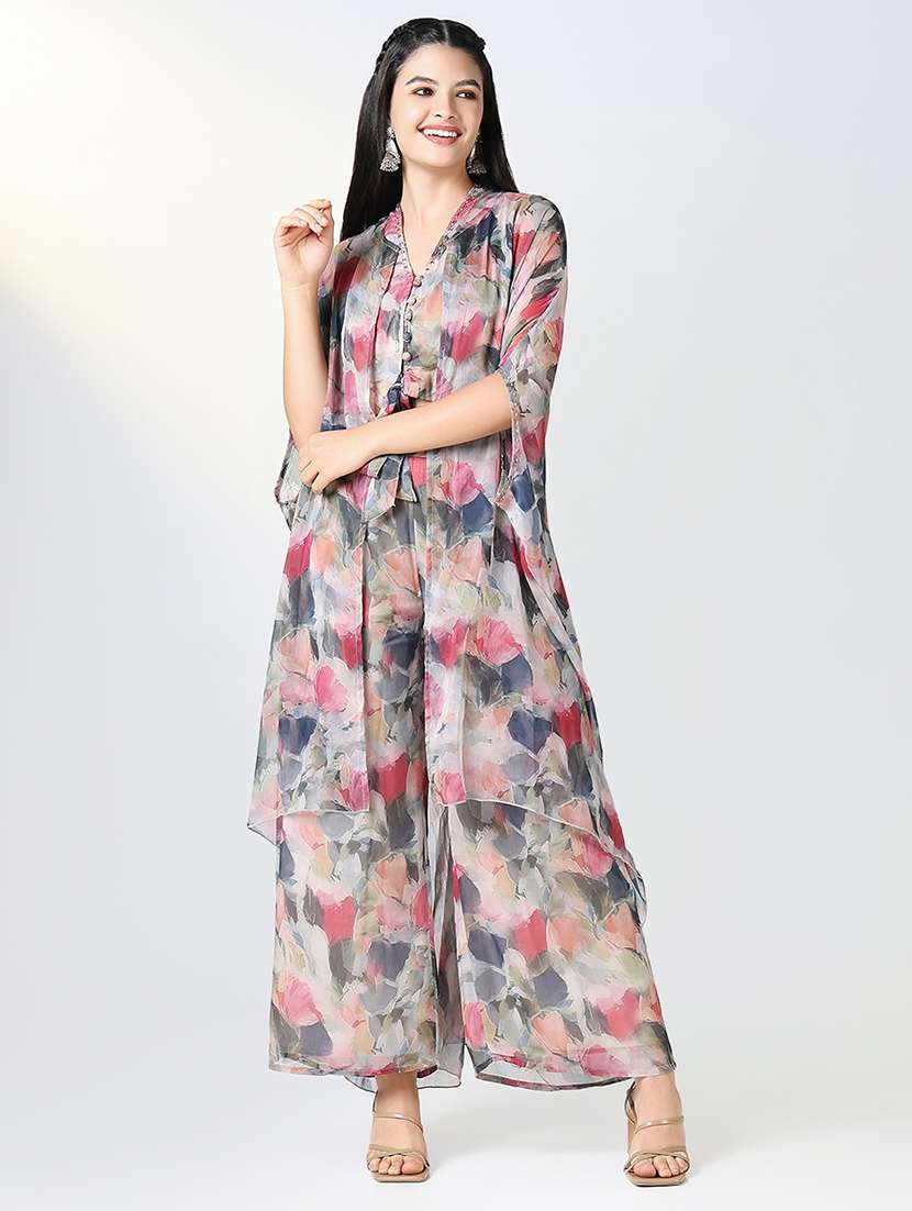 women grey printed v neck fusion set - 21721657 -  Standard Image - 4