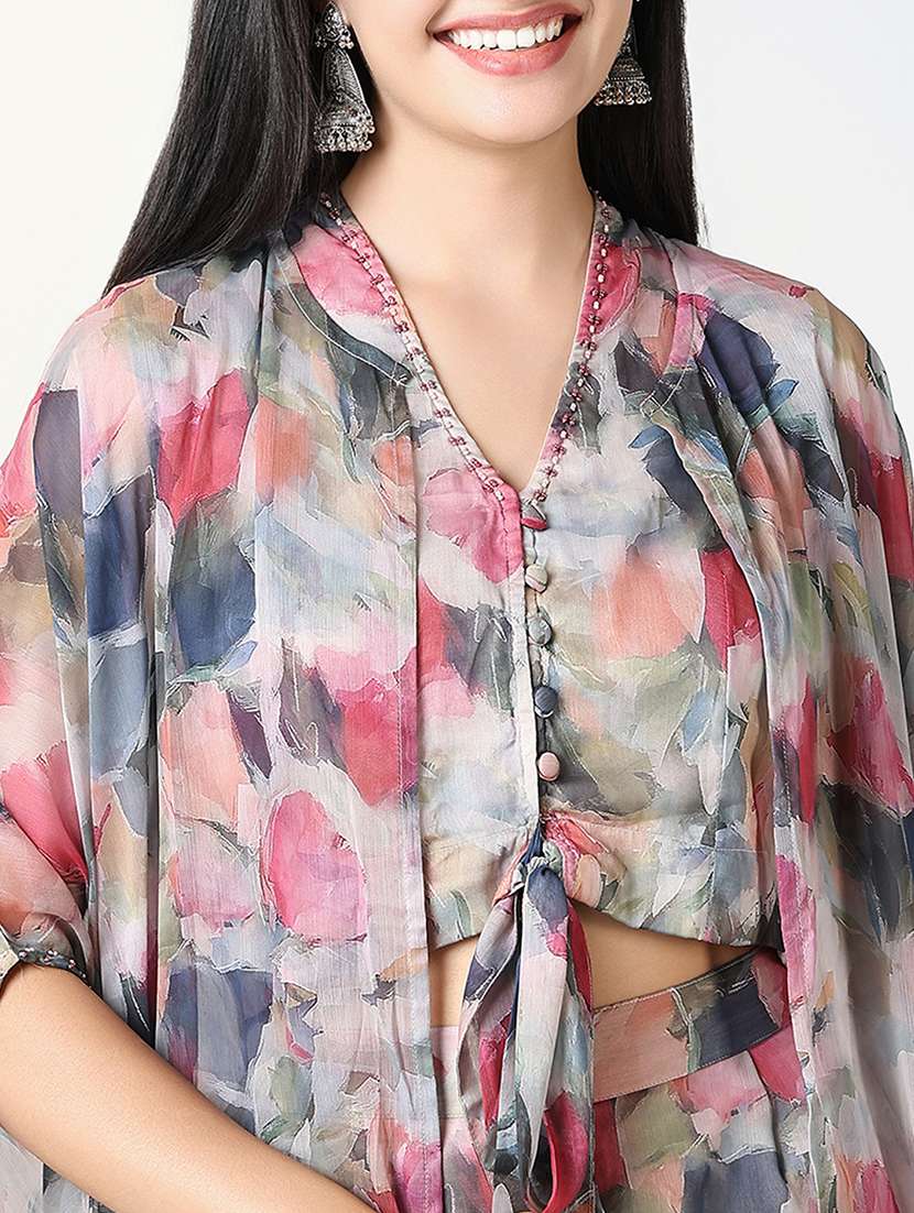 women grey printed v neck fusion set - 21721657 -  Standard Image - 6