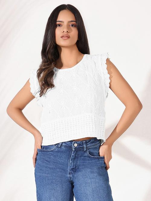 women white round neck embroidered crop top - 21721692 - Standard Image - 0