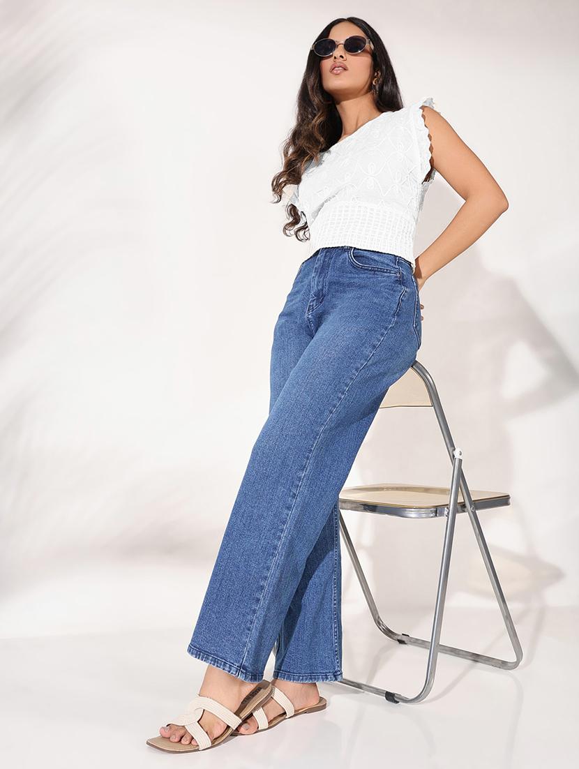 women white round neck embroidered crop top - 21721692 - Standard Image - 4