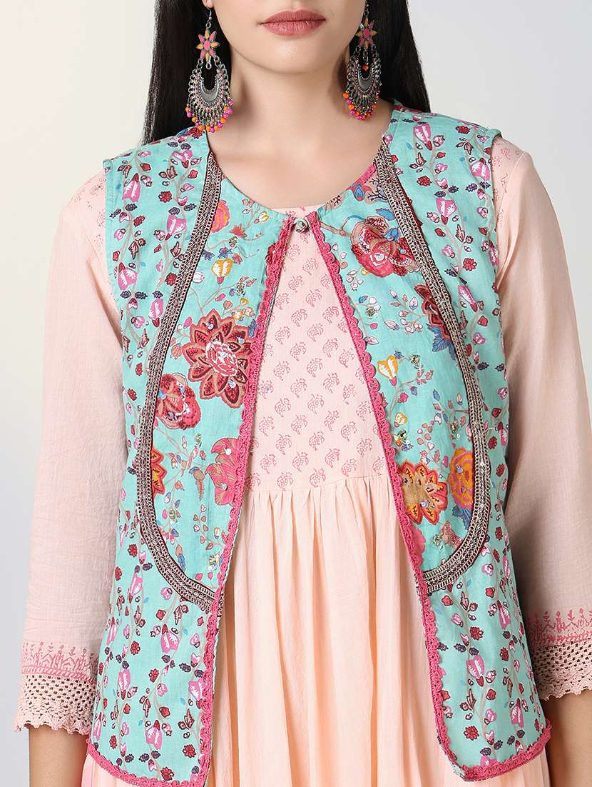 women peach printed three quarter sleeve anarkali kurta - 21721698 - Standard Image - 6