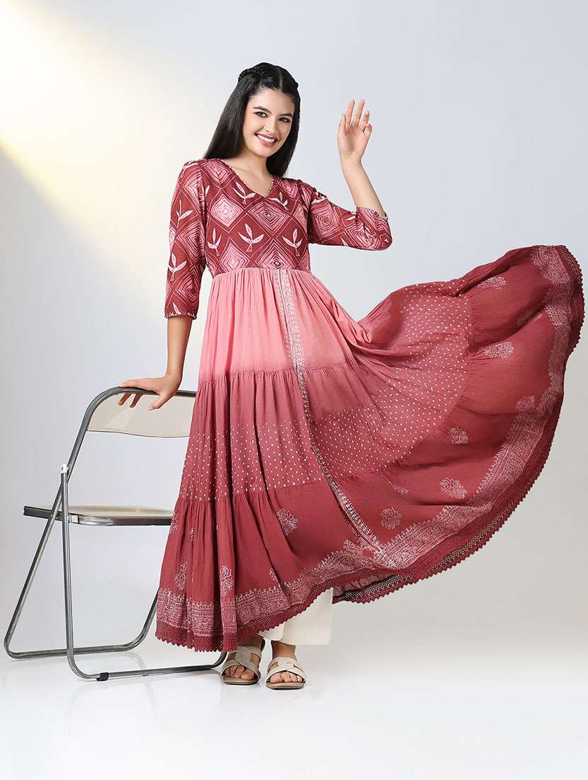 women printed v neck tiered kurta - 21721700 - Standard Image - 1