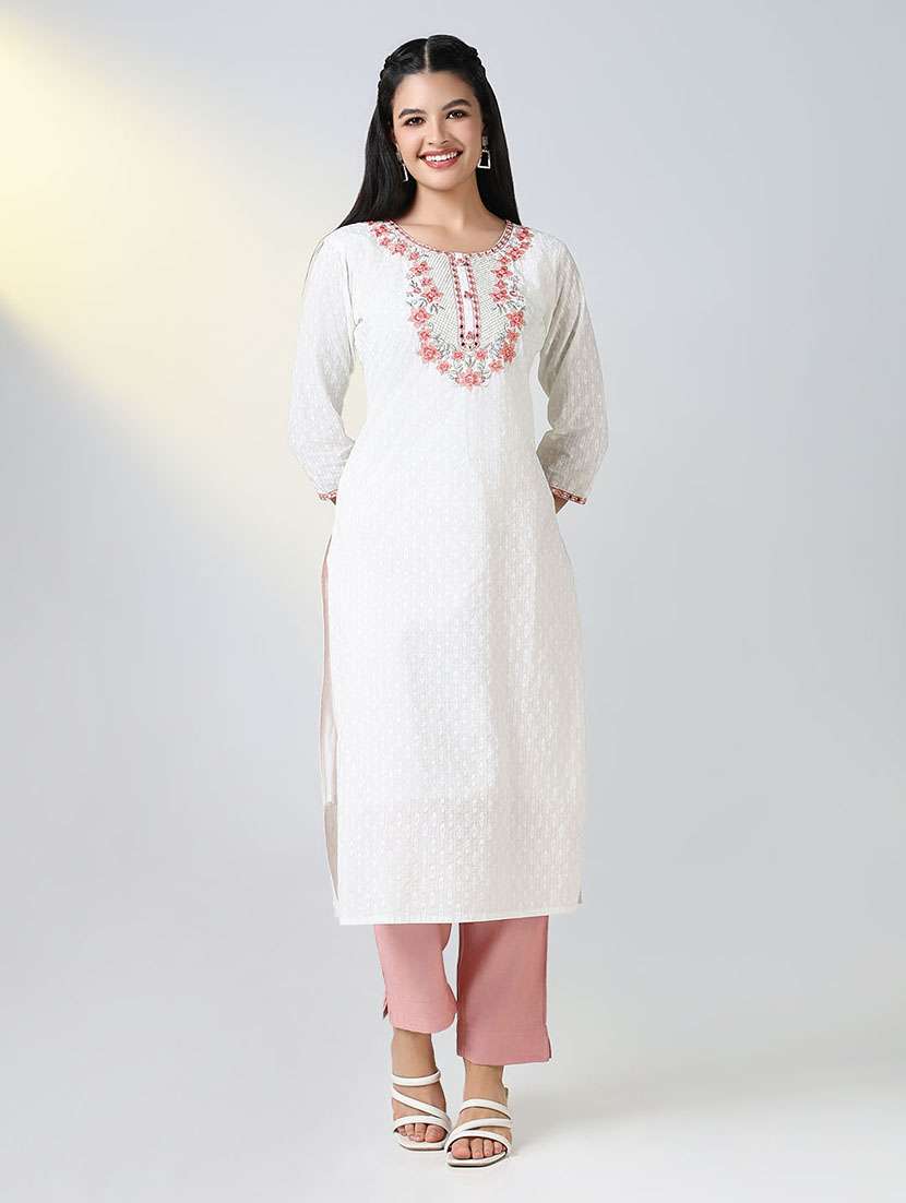 women white embroidered round neck straight kurta