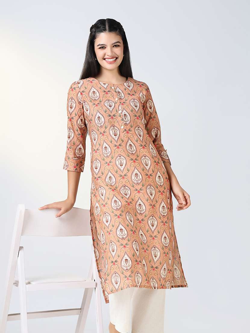 Women Peach Printed Three Quarter Sleeve Straight Kurta - 21721702 -  Standard Image - 1