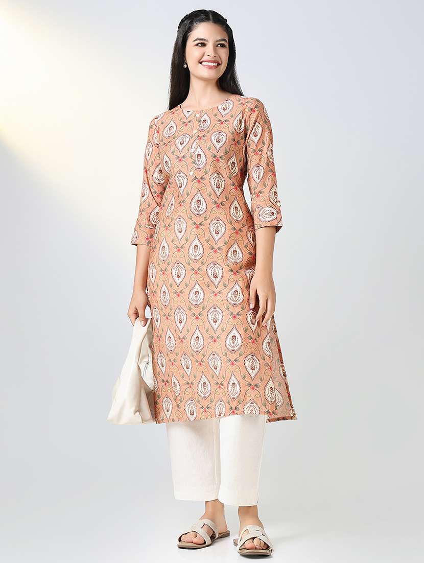 Women Peach Printed Three Quarter Sleeve Straight Kurta - 21721702 -  Standard Image - 4