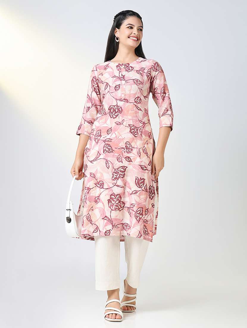 women pink floral printed three quarter sleeve straight kurta - 21721703 - Standard Image - 4