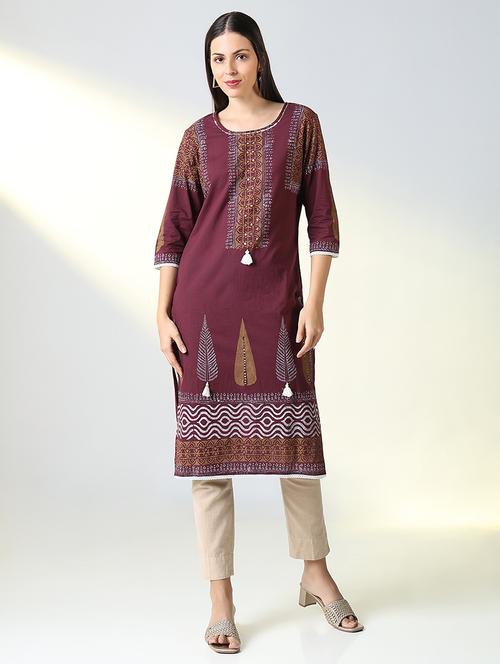 women purple printed three quarter sleeve straight kurta - 21721707 - Standard Image - 0