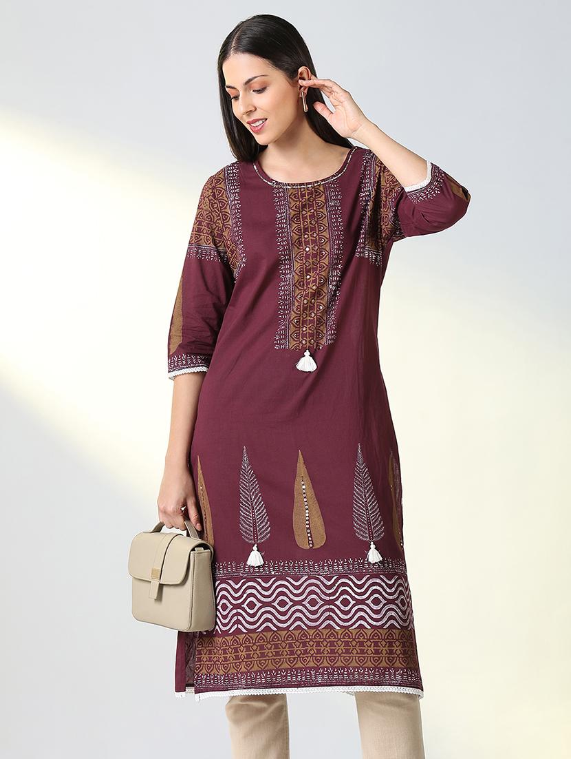 women purple printed three quarter sleeve straight kurta - 21721707 -  Standard Image - 1