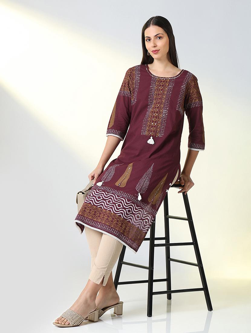 women purple printed three quarter sleeve straight kurta - 21721707 - Standard Image - 4