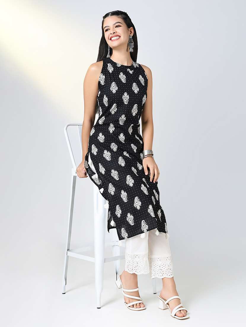 women black paisley printed sleeveless kurta pant set - 21721720 -  Standard Image - 1